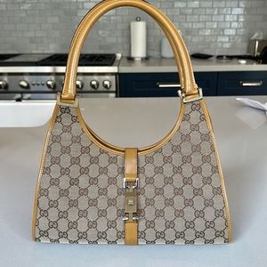 Gucci Handbag: Satchel Jacquard Bardot Brown and Tan